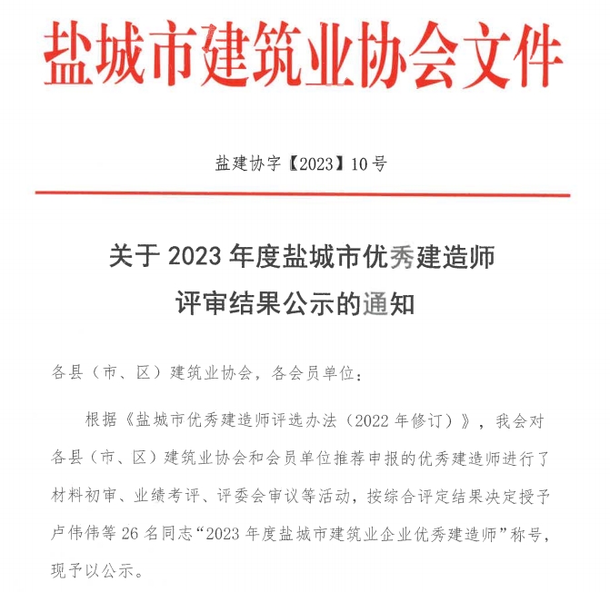 关于2023年度盐城市优秀建造师评审结果公示的通知